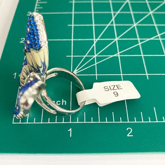 Vintage Blue Butterfly Cocktail Ring Statement Size 7 9 Crystal Rhodium Plated - Picture 11 of 13